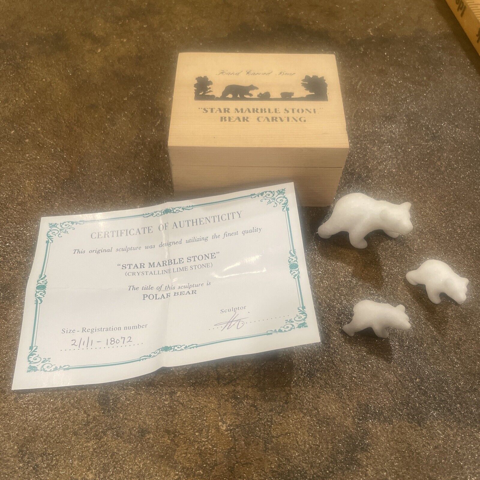Canadian Wildlife White Marble Sculpture Polar Bear Carving Art Wood Box
