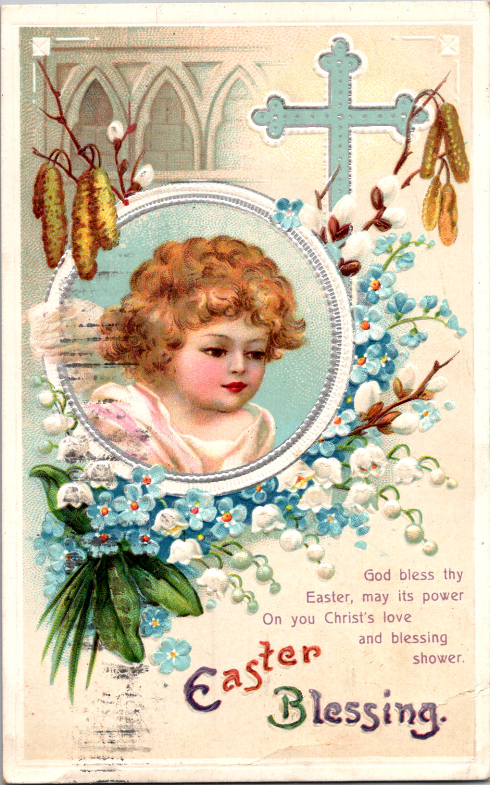 Vintage C. 1910 Easter Blessing Embossed Postcard Portrait of Cute Girl Flowers