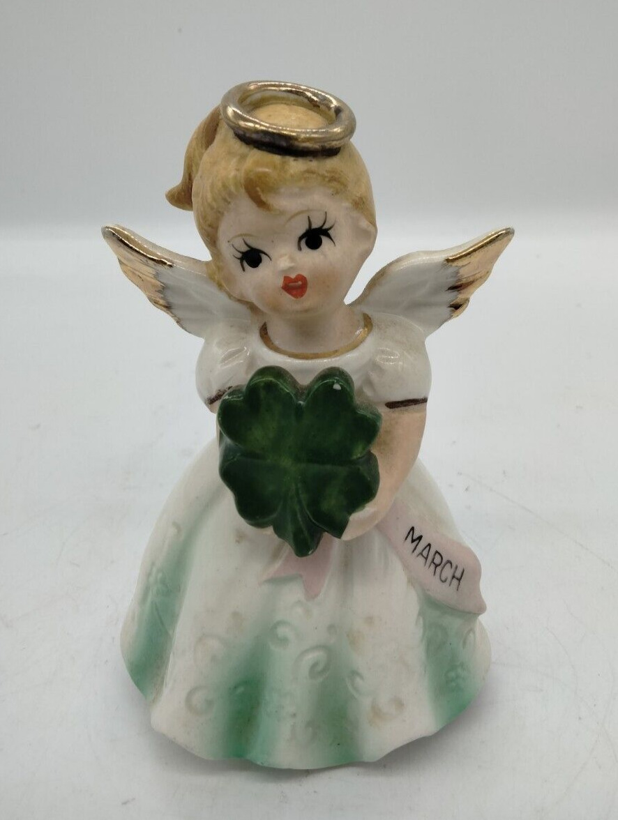 Vintage Ceramic March Birthday Angel Holding Shamrock made in Japan
