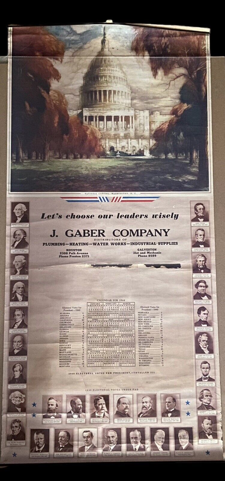 1944 Political Advertising Calendar Print CHOOSE OUR LEADERS WISELY J. Gaber Co.