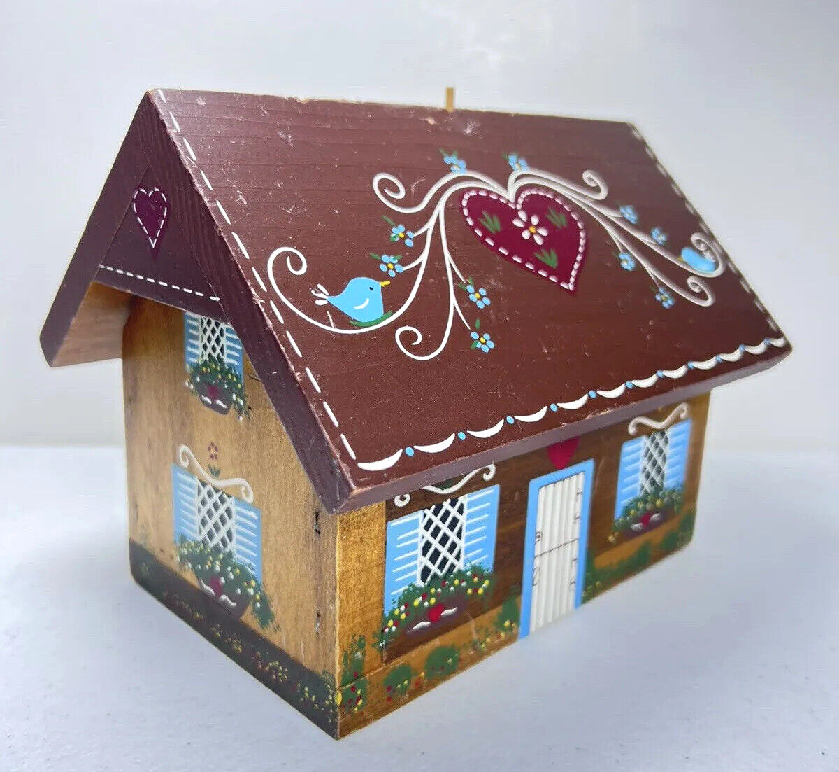Vintage Wood Box Hand Painted Cottage Swiss Cabin Jewelry Trinket Heart Bird
