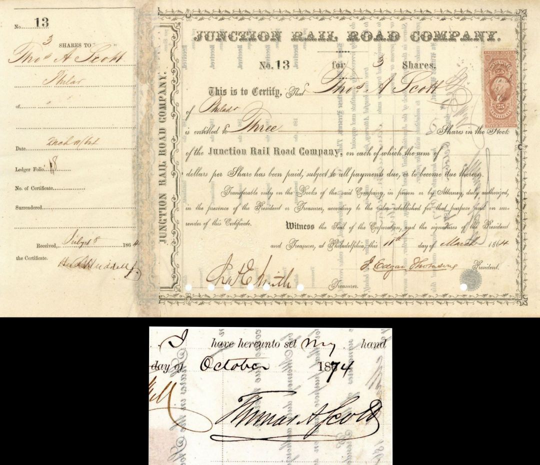 Thomas A. Scott Signed Junction Rail Road Co. - 1864 Autographed Stock - Autogra