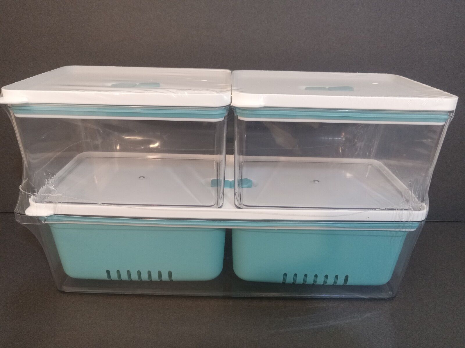 Vegetable Refrigerator Container Hard Plastic With Lids Clear White Turquoise