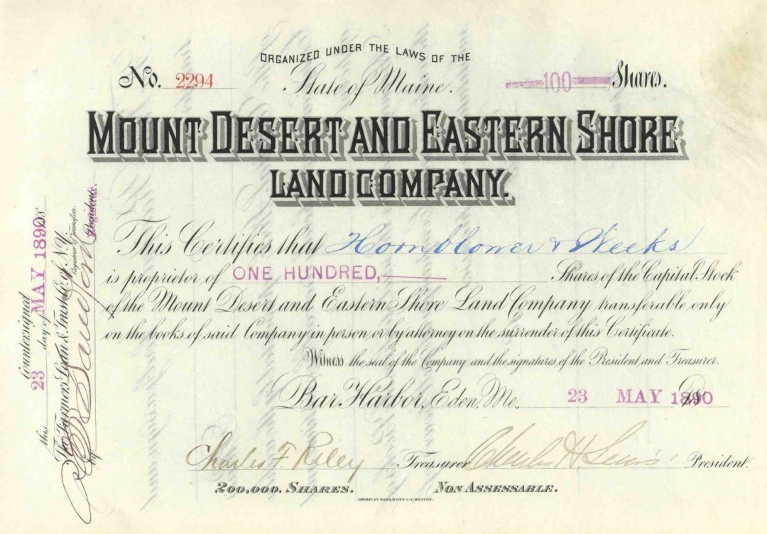 Mount Desert and Eastern Shore Land Co. - Maine Land Stock Certificate - General