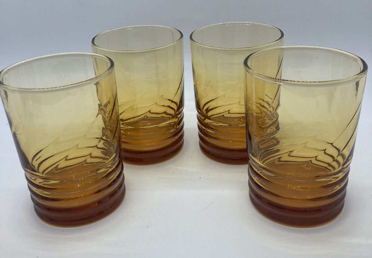 Vtg Optic Swirl Juice Glasses Libbey Gold/amber Restaurant Style 8 oz, Set Of 4