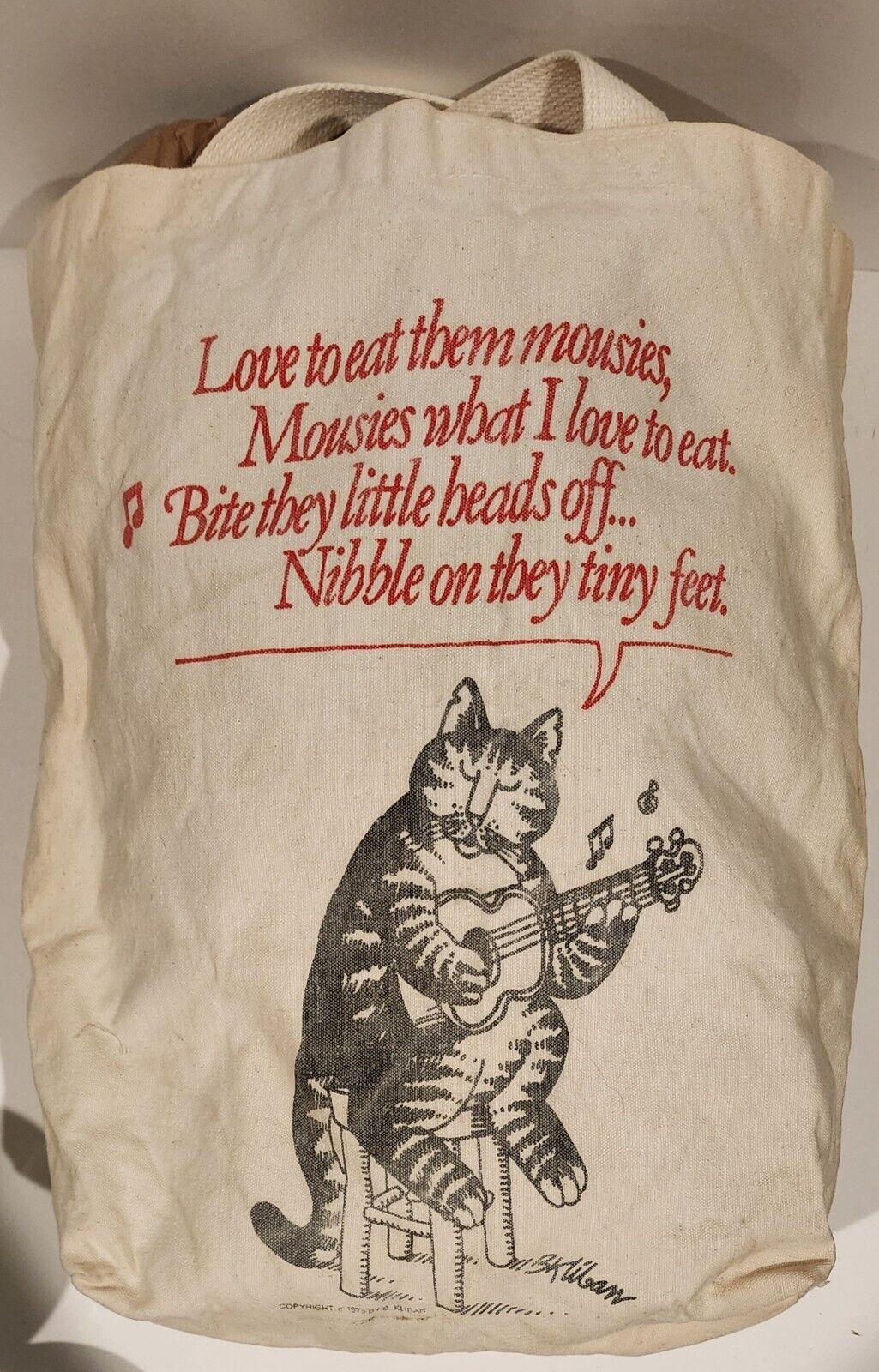 B Kliban Singing Cat Canvas Tote Bag - Funny Cartoon Kitty 1970s Vintage