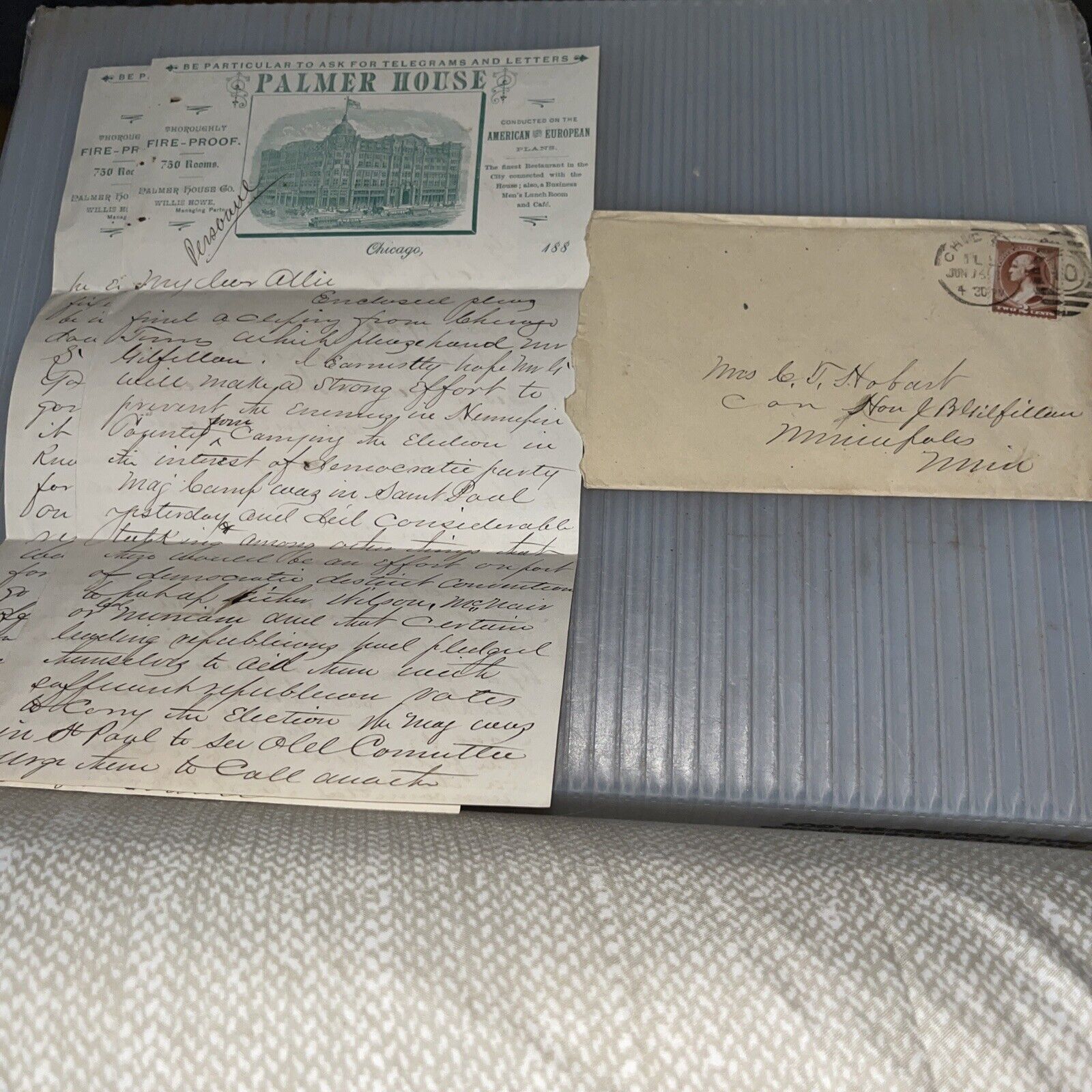 1884 Correspondence Congressman Gilfillan Palmer House Hotel Letterhead Chicago