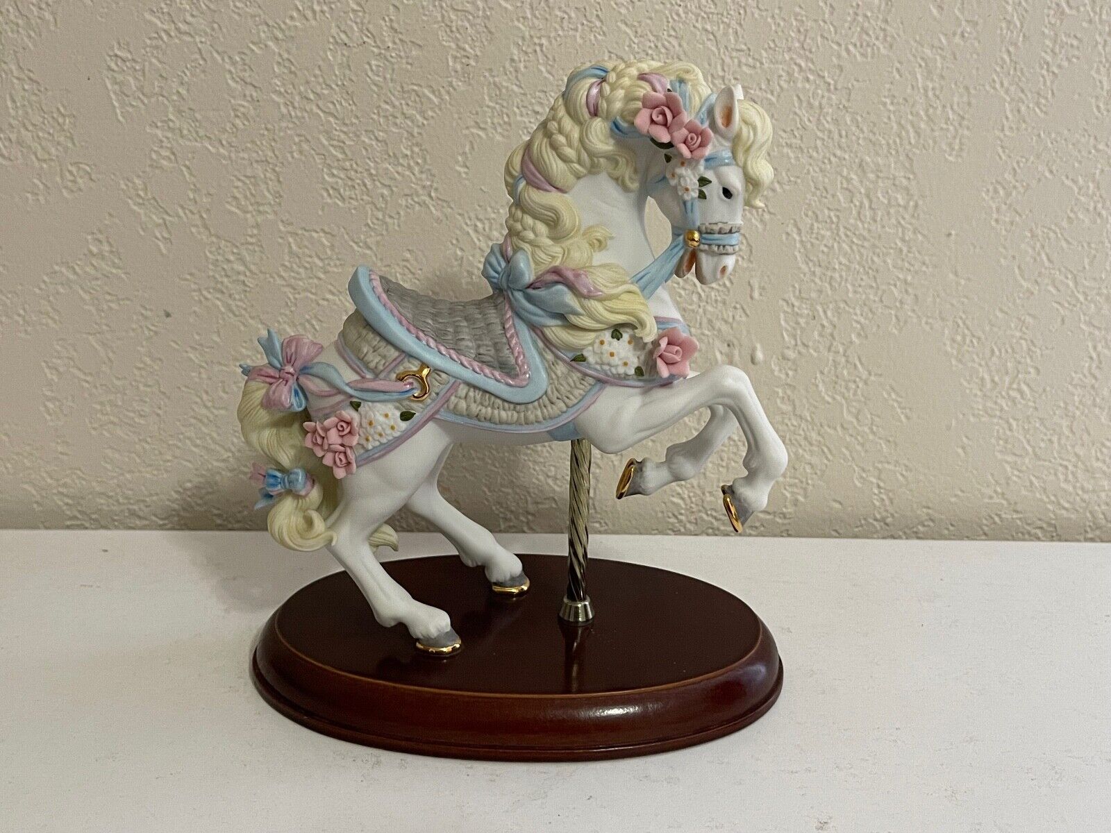 Lenox Porcelain Carousel Horse Figurine w/ Pink & Blue Ribbons & Flowers