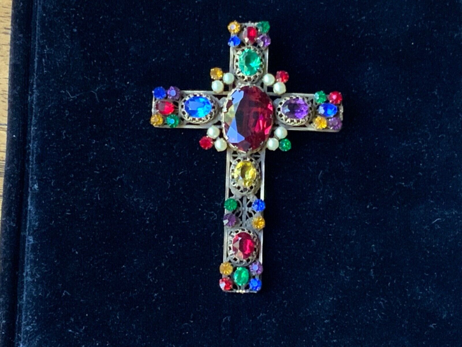 French Antique Jeweled Filagree Cross Necklace Pennant Circa 1900-1905