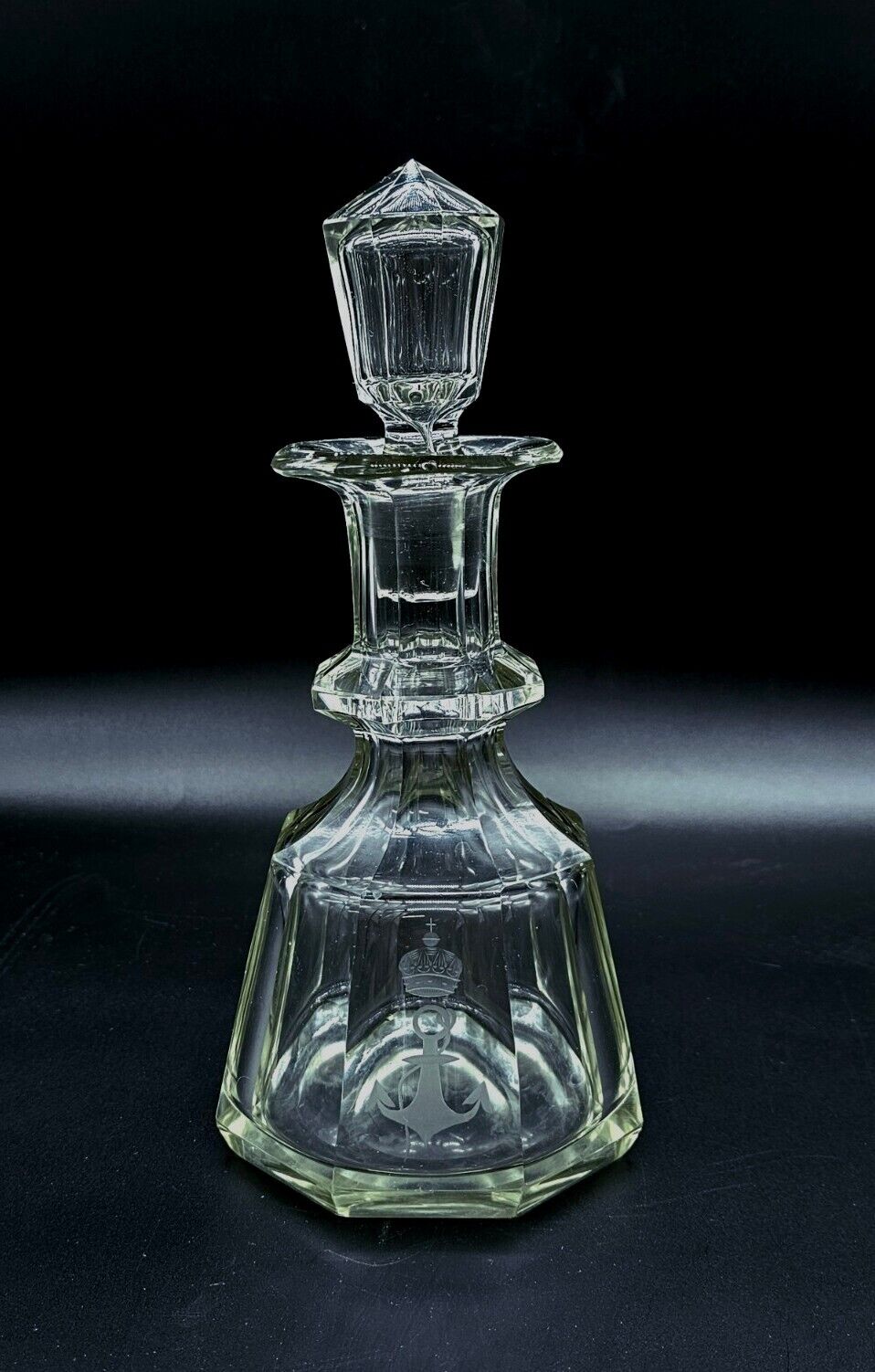 Vtg/Atq Hand Crafted Glass Whiskey Decanter Etched Crown Over Anchor w/ Stopper
