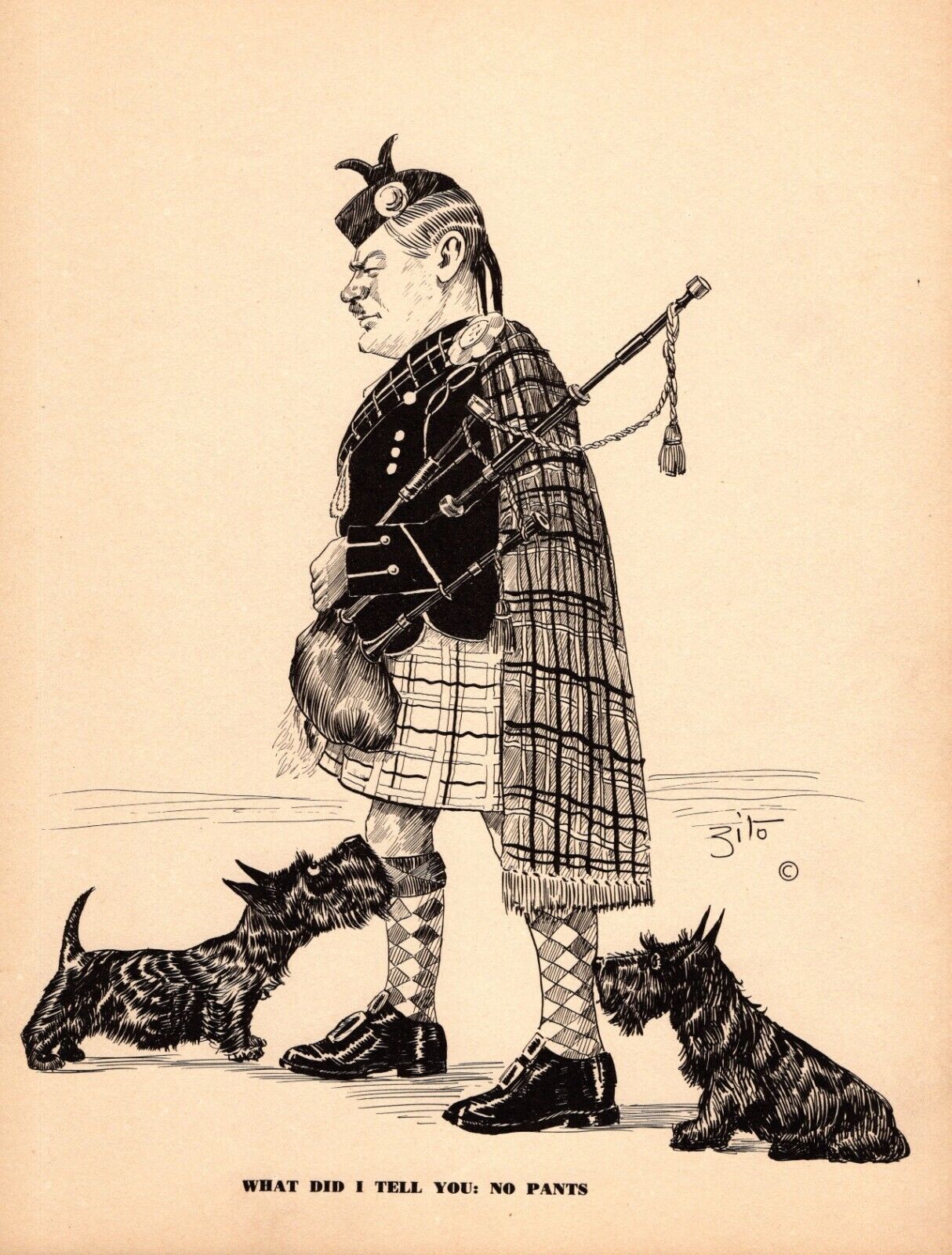 Scottish Terrier & Bagpiper Print Bagpipes 1940s Art by Zito 5263j