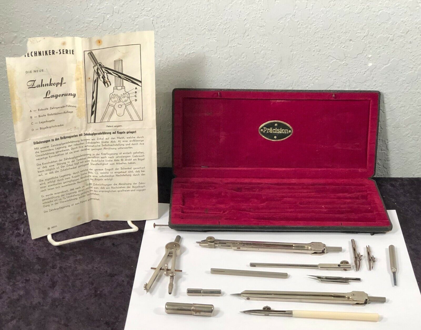 VINTAGE 13pc ANKER ANCHOR DRAFTING TOOL SET W CASE & PAPERWORK GERMANY 