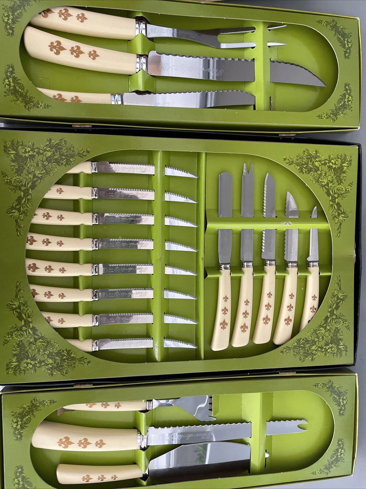 Vintage Mod Retro Fleur de Lis Cutlery Stainless Steel Gourmet Knife Set 19pc