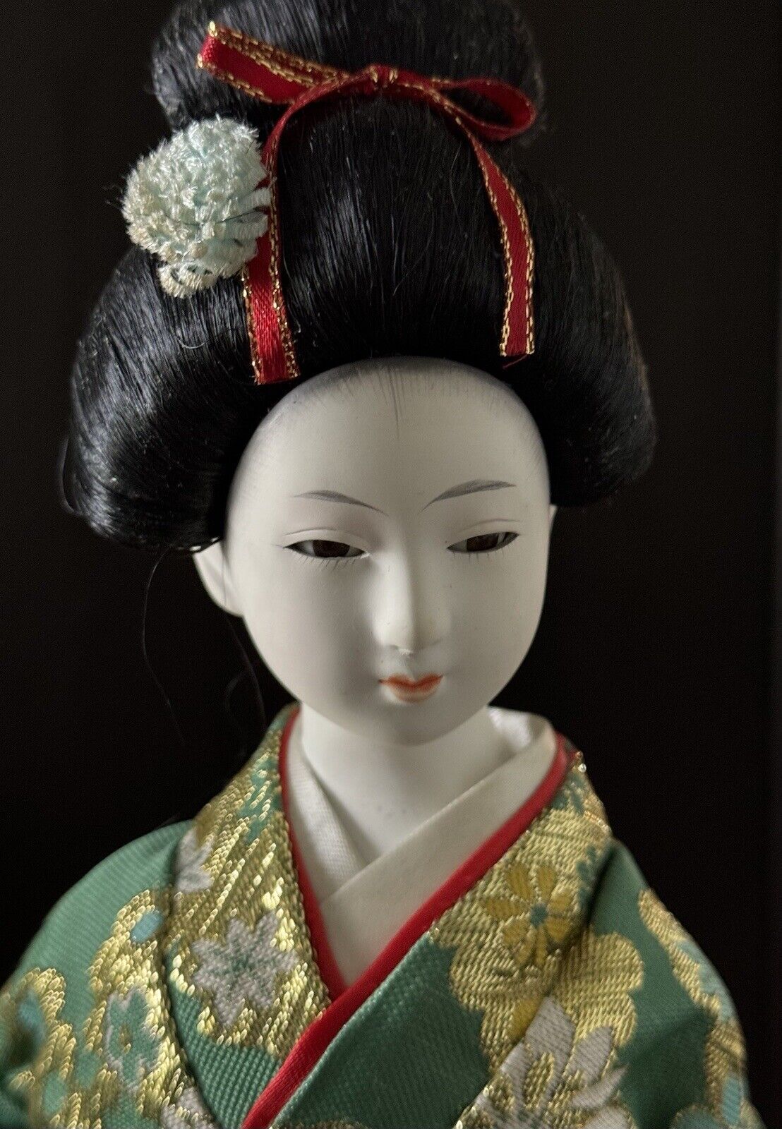Beautiful Vintage Japanese Geisha Gofun Doll 15” Green Red Gold Kimono