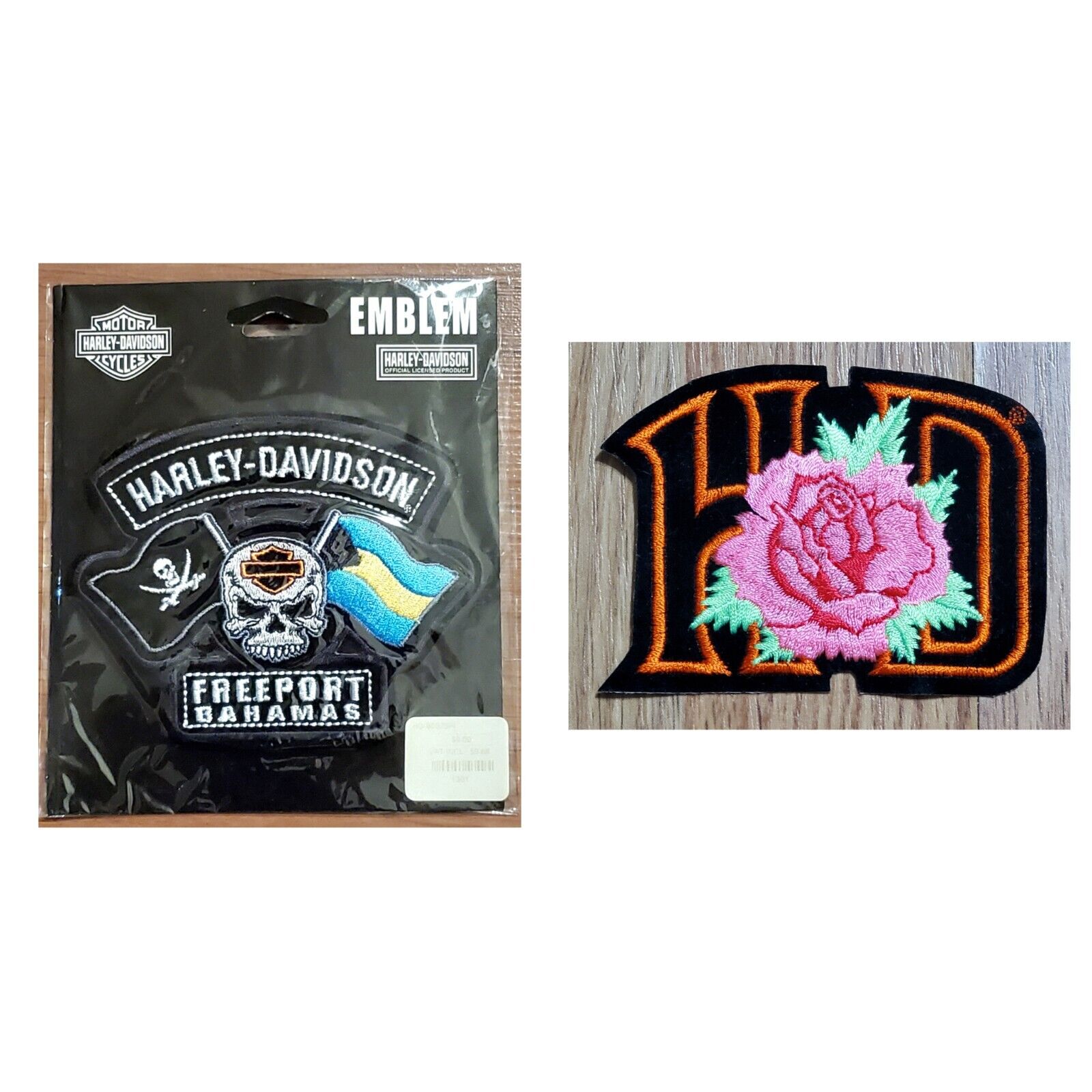 Harley Davidson Lot Of 2 Sew On Patches Nassau Bahamas Skull & Flags & HD-Rose