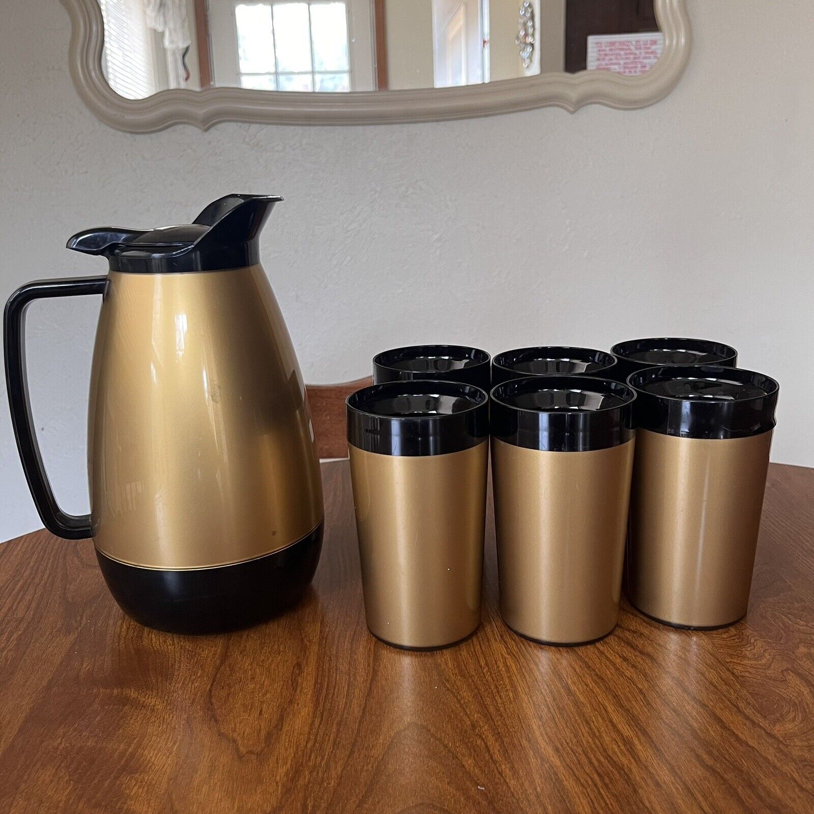 Vintage West Bend Thermo Serv Insulated Gold Coffee Carafe W/ 6 Cups MCM
