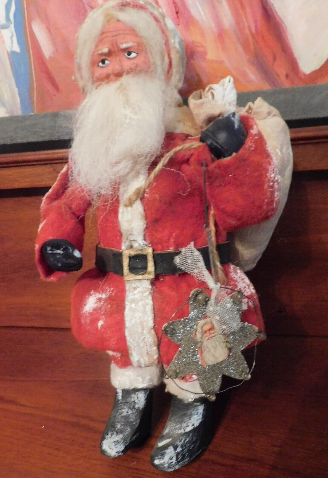 Tall Antique German Santa, with red Santa Claus suit, and canvas toy Bag