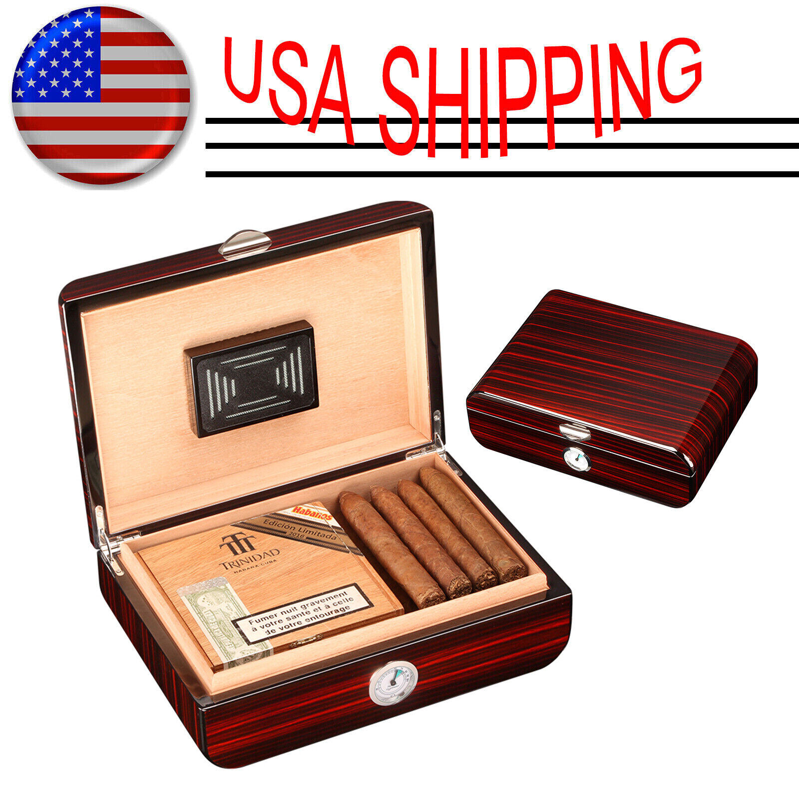 30-35Ct Cigar Humidor Case Cedar Wood Storage Tobacco Box Humidifier Hygrometer