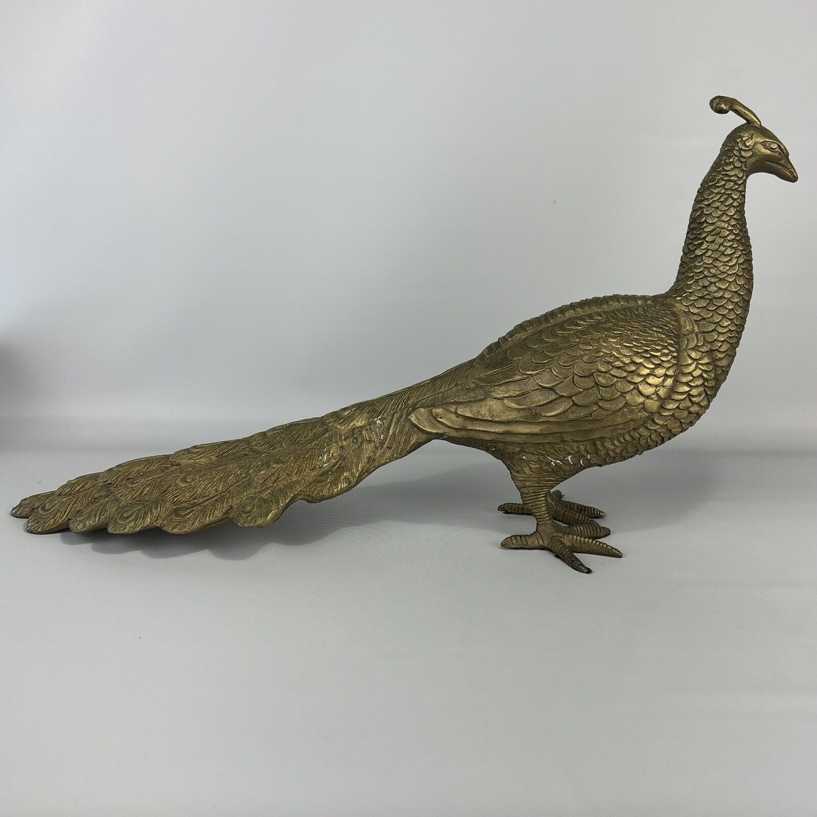 Vintage MCM Beautiful Cast Brass Peacock Figurine Statue 16” Heavy RARE