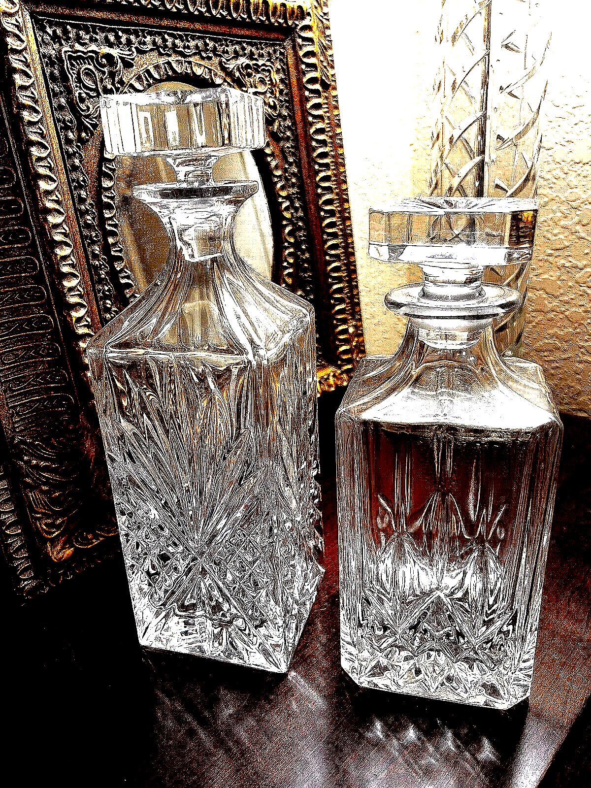 2 VINTAGE LEAD CRYSTAL DECANTERS W/ORIGINAL STOPPERS- TOWLE- BEAUTIFUL DESIGN