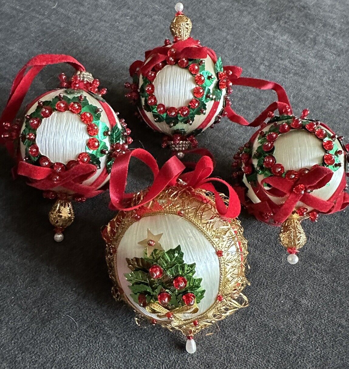 Vintage Christmas Ornament Lot Of 4 Sequins, Pins, Ribbons Homemade