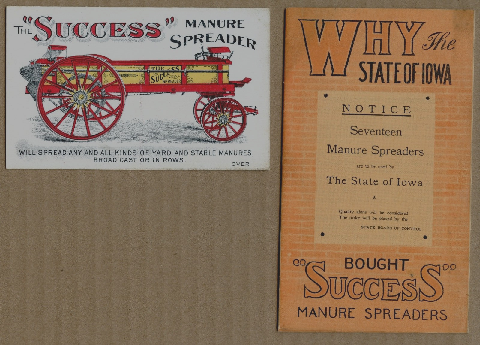 100+ yo Success Manure Spreader trade card & State of Iowa booklet - McGraw NY