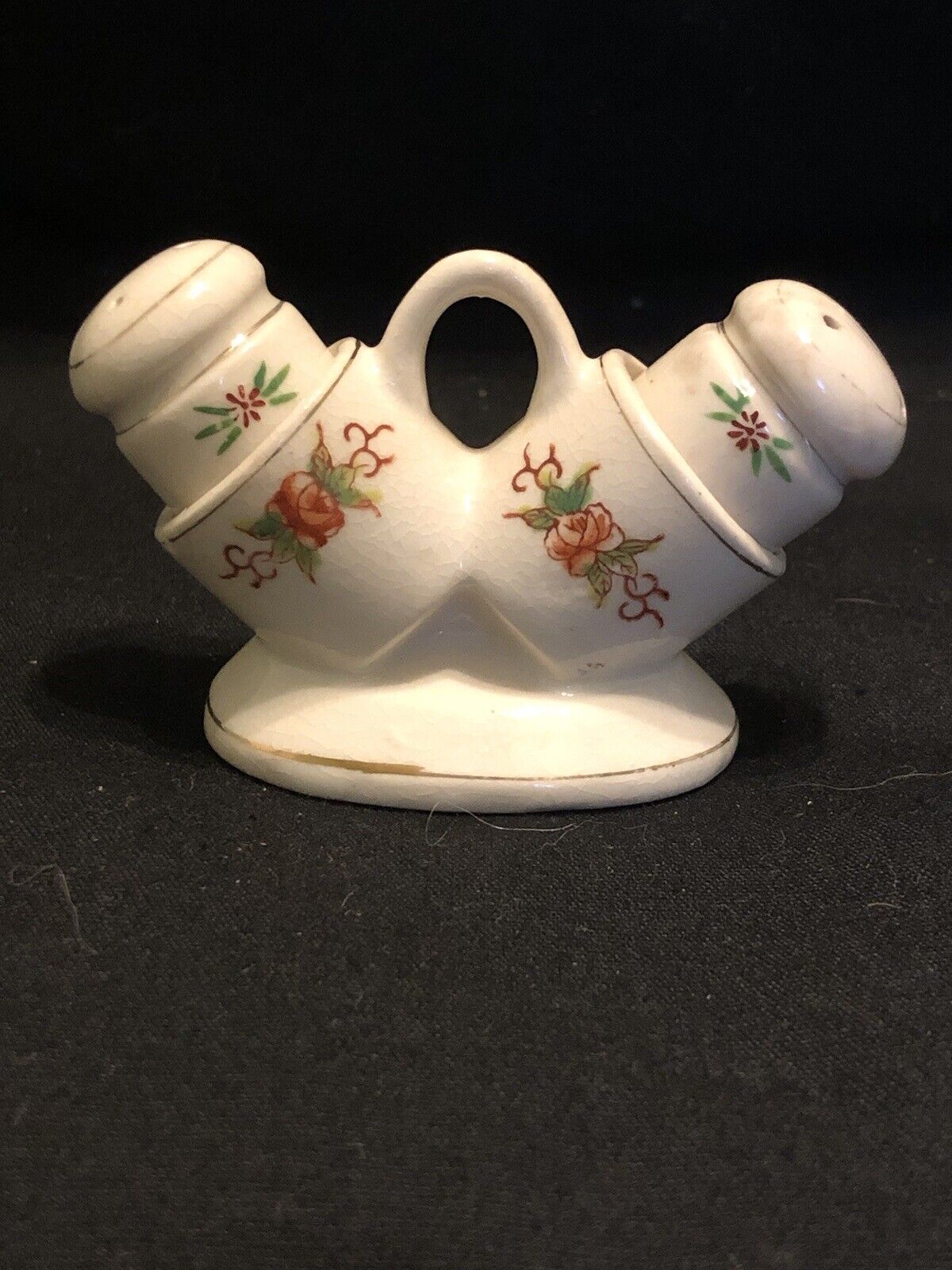 Vintage Porcelain Made in Occupied Japan Salt And Pepper Shakers& Matching Caddy