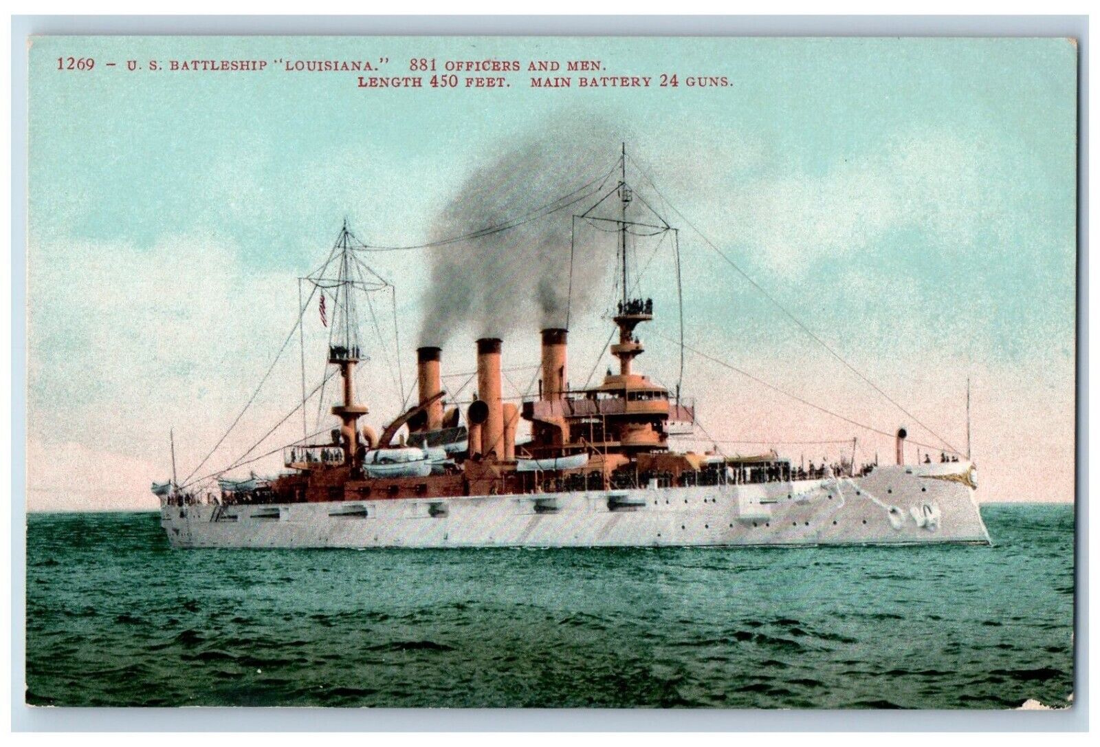 US Battleship Louisiana LA Postcard 600 Officers And Men Main Battery 24 Guns