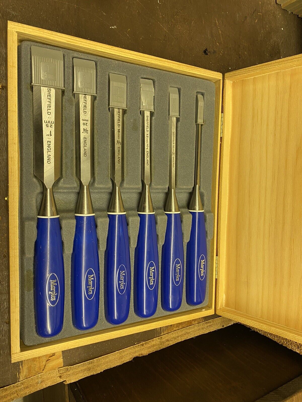 Set of 6 Marples Blue Chip Chisels - Original Wood Case Box - Sheffield England