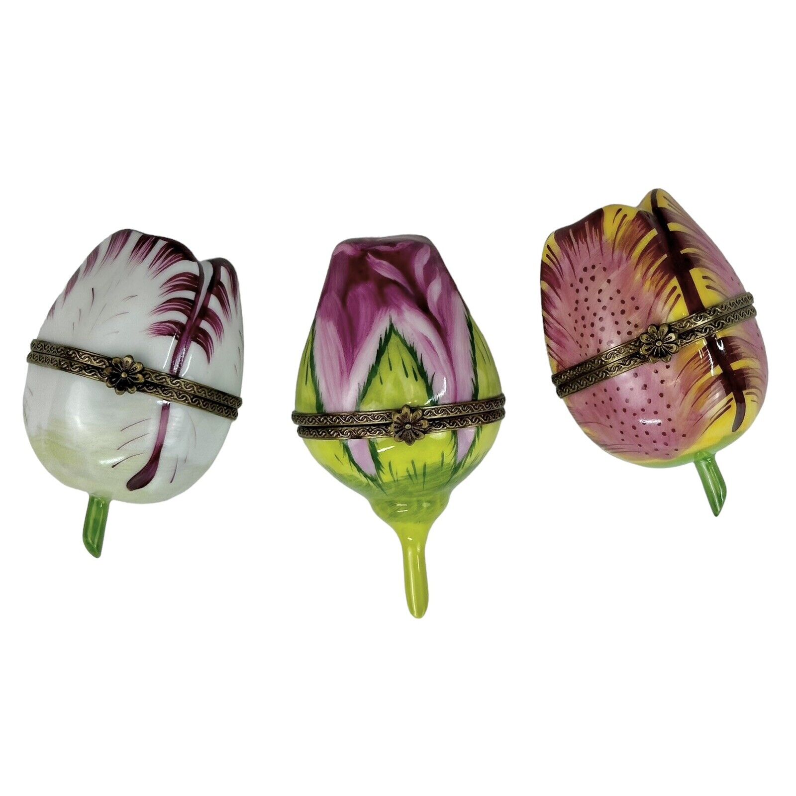 SET OF 3 - Limoges Rosebud Tulip Flower Trinket Boxes Rochard Peint Main France