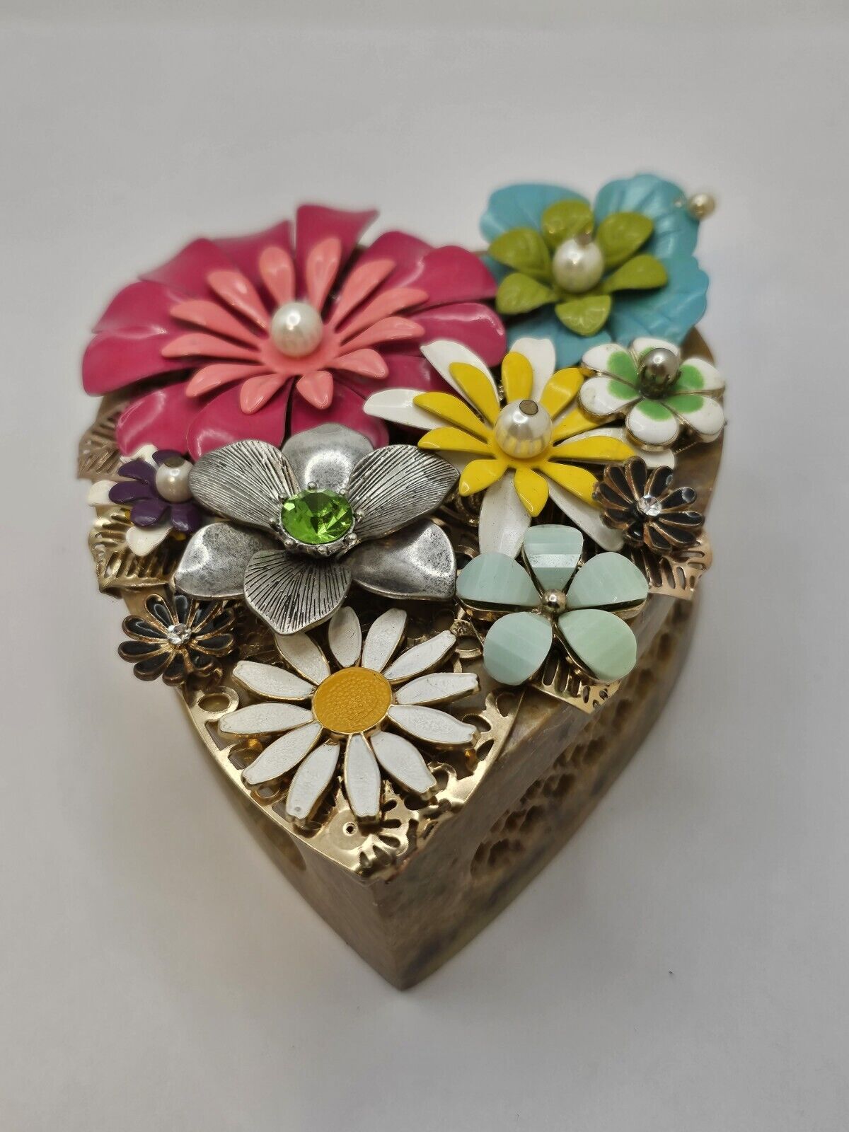 60s Flower Power Trinket Box Metal Jewelry Mixed Media  Granny OOAK