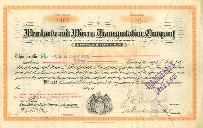 Merchants and Miners Transportation Co. - Stock Certificate - Mining Stocks
