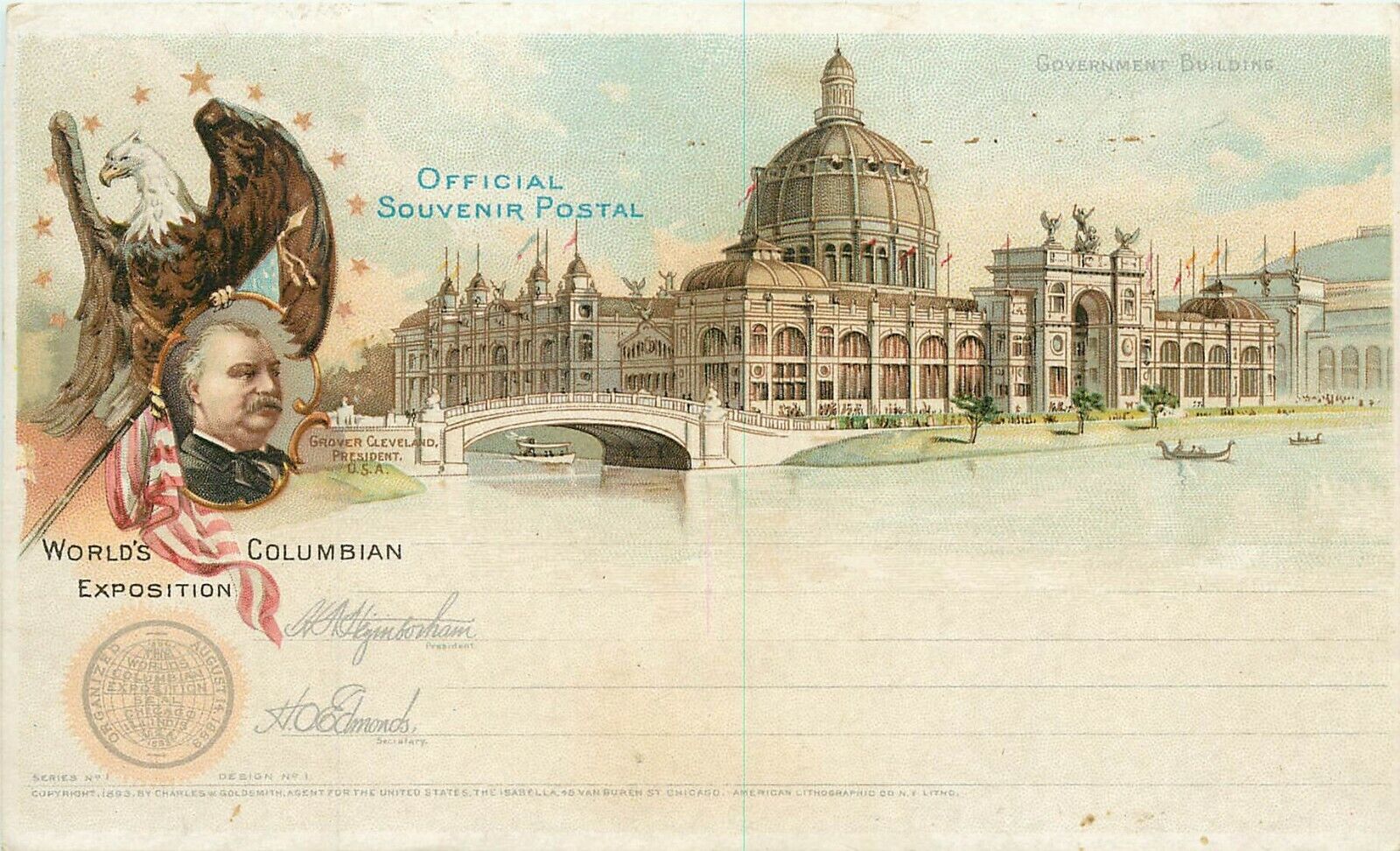 GOVERNMENT BUILDING POSTAL CARD 1893 WORLDS COLUMBIAN EXPOSITION FAIR GROVER 