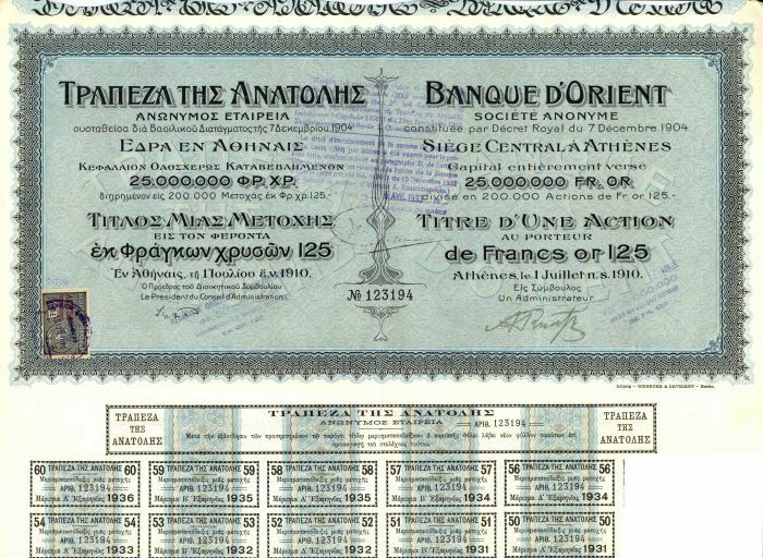 1910 dated Banque D'Orient Societe Anonyme - Greek Banking Stock Certificate - V
