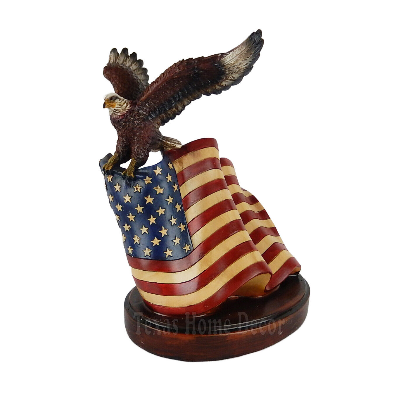 Bald Eagle American Flag Figurine Statue Patriotic Decor Hand Painted Polyresin 