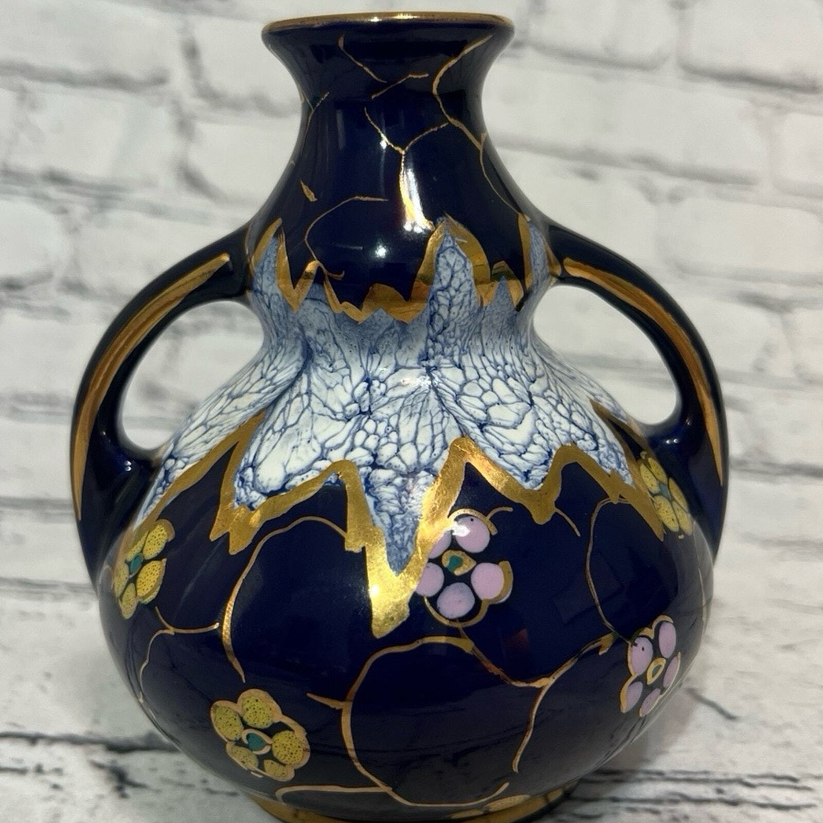 Gouda Holland Hand Painted Pottery Vase Navy Blue Floral Pot Gold Accents