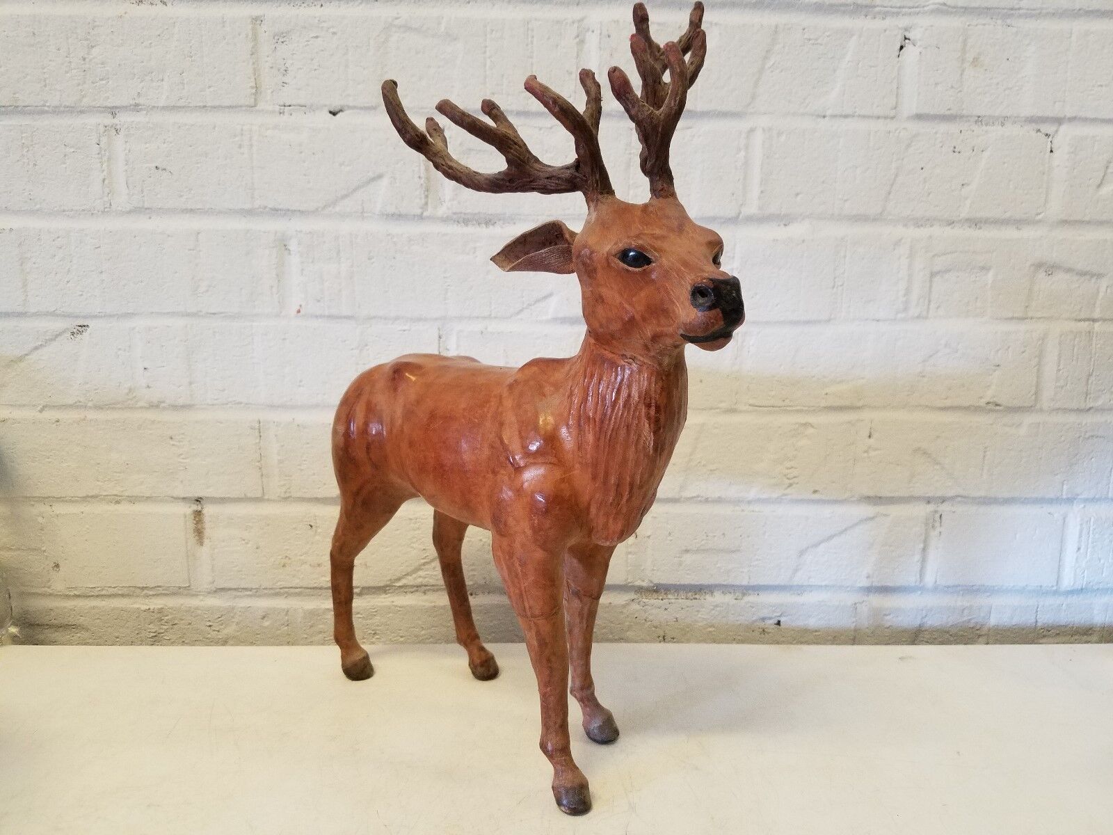 Leather Covererd Deer Buck Elk Figurine Statue with Glass Eyes