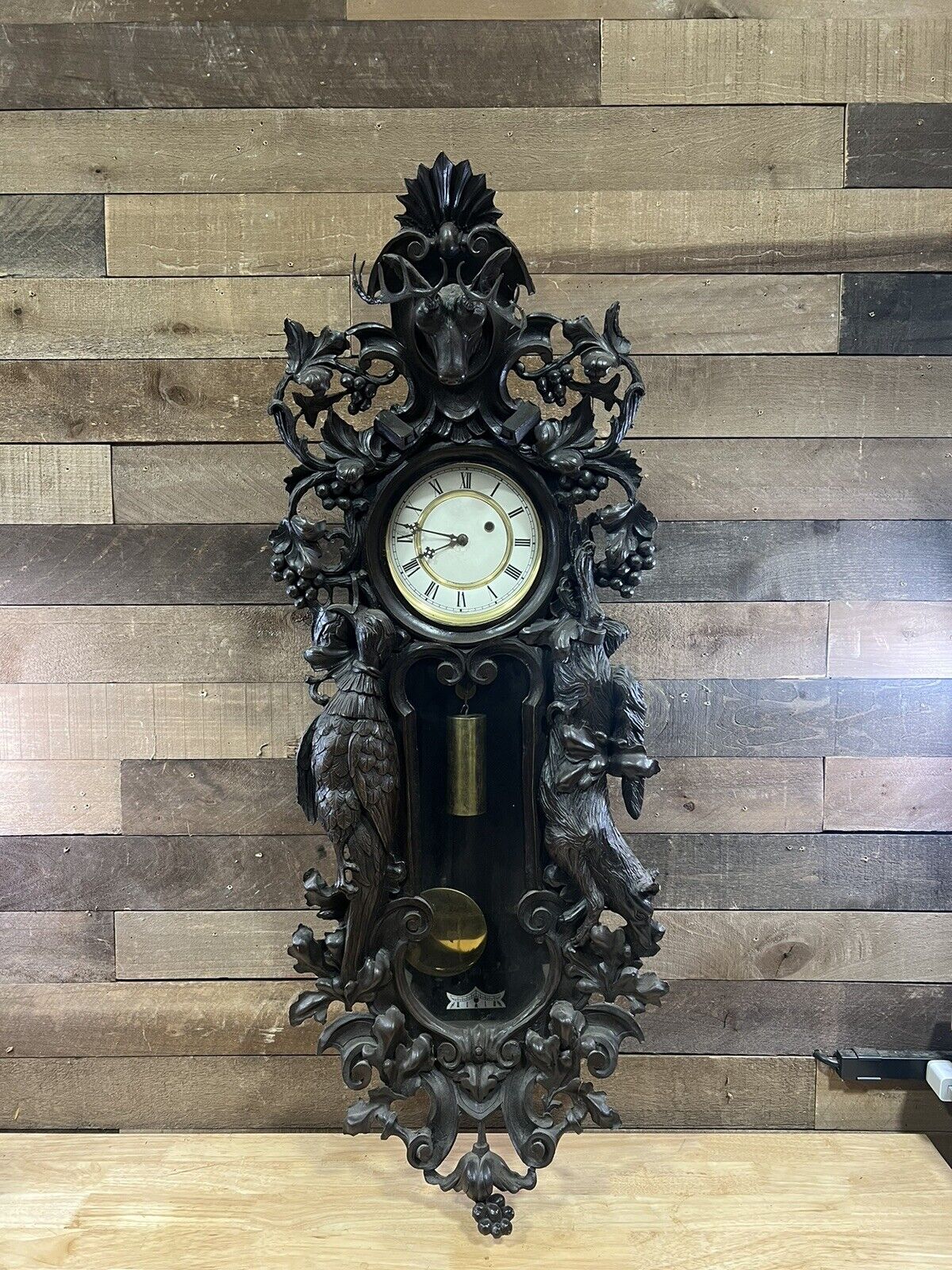 Antique Black Forest Papier-Mâché Hunters Clock   