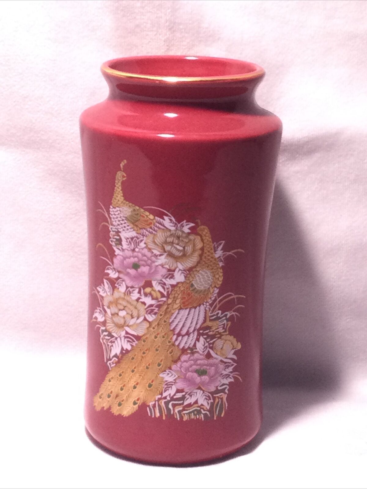 Vintage Japan Maroon Floral Vase 6” Tall Pheasant Bird Cherry Blossom Asian