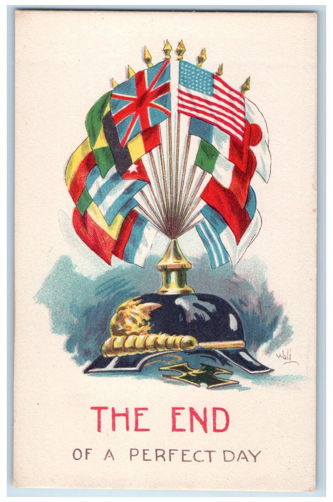 c1910's The End Of A Perfect Day Flags WWI Germany Wall Antique Postcard