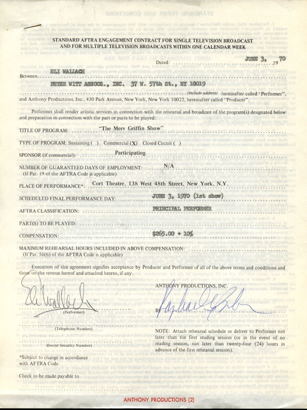 Eli Wallach signed autograph 8.5x11 Original Merv Griffin 1970 Show Contract