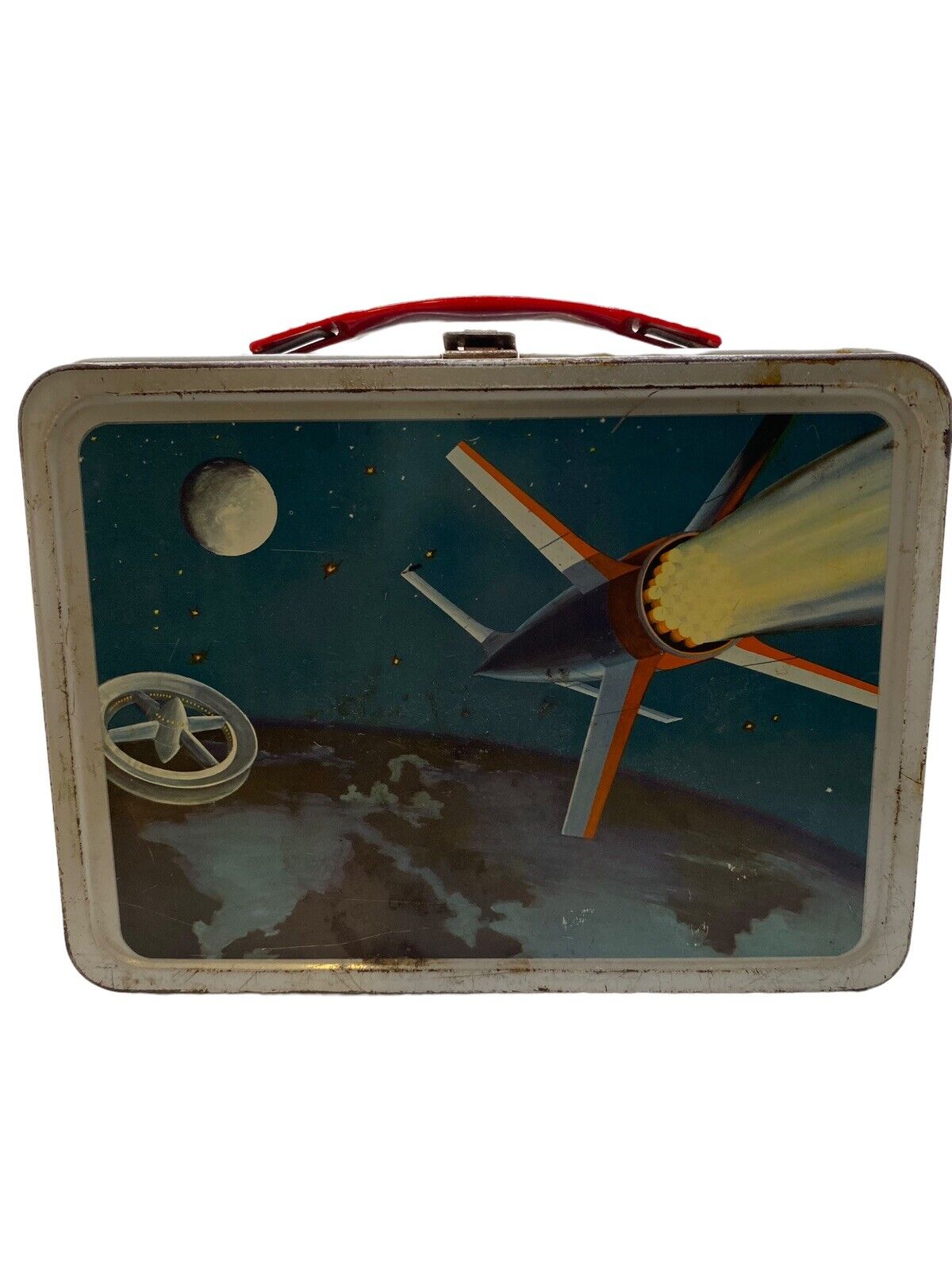 VINTAGE THERMOS SPACE ASTRONAUTS METAL LUNCHBOX with THERMOS READ