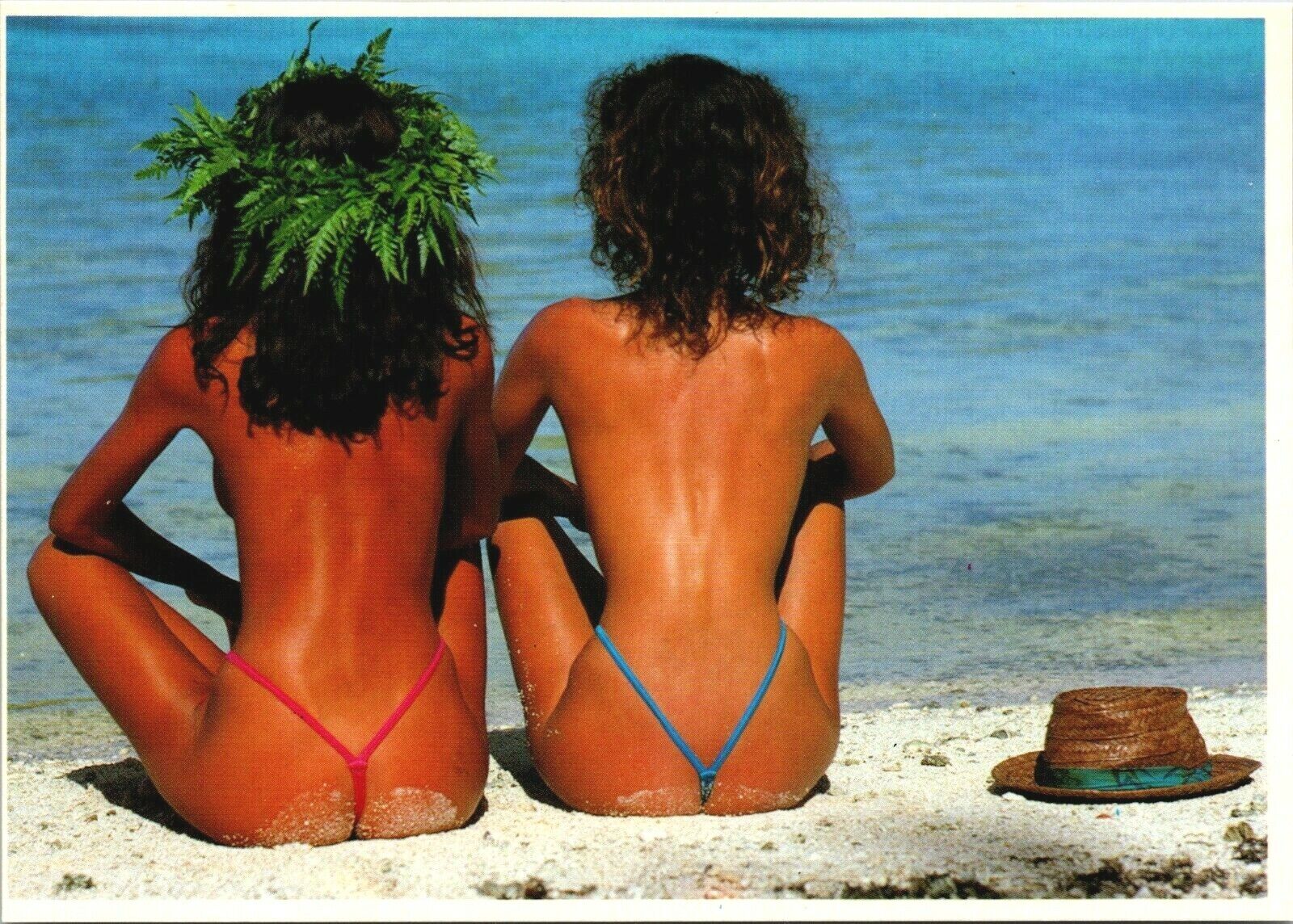 Topless island Girls Postcard tiki Risque White sand Beach South Seas Island 