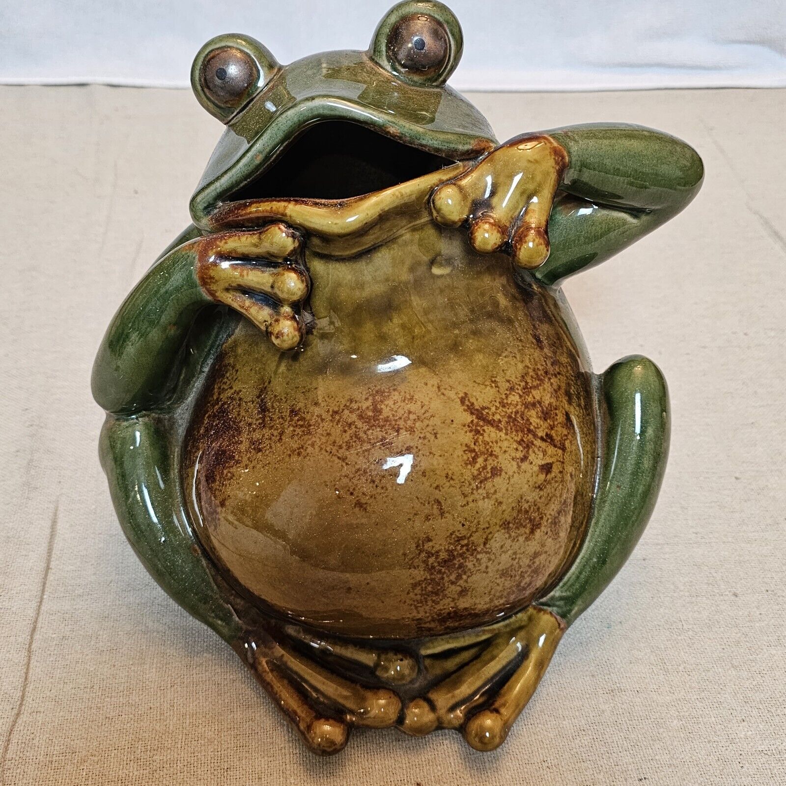 9” Tall Vintage Large Ceramic Glossy Frog Toad Green Decor Figurine Porch Decor 