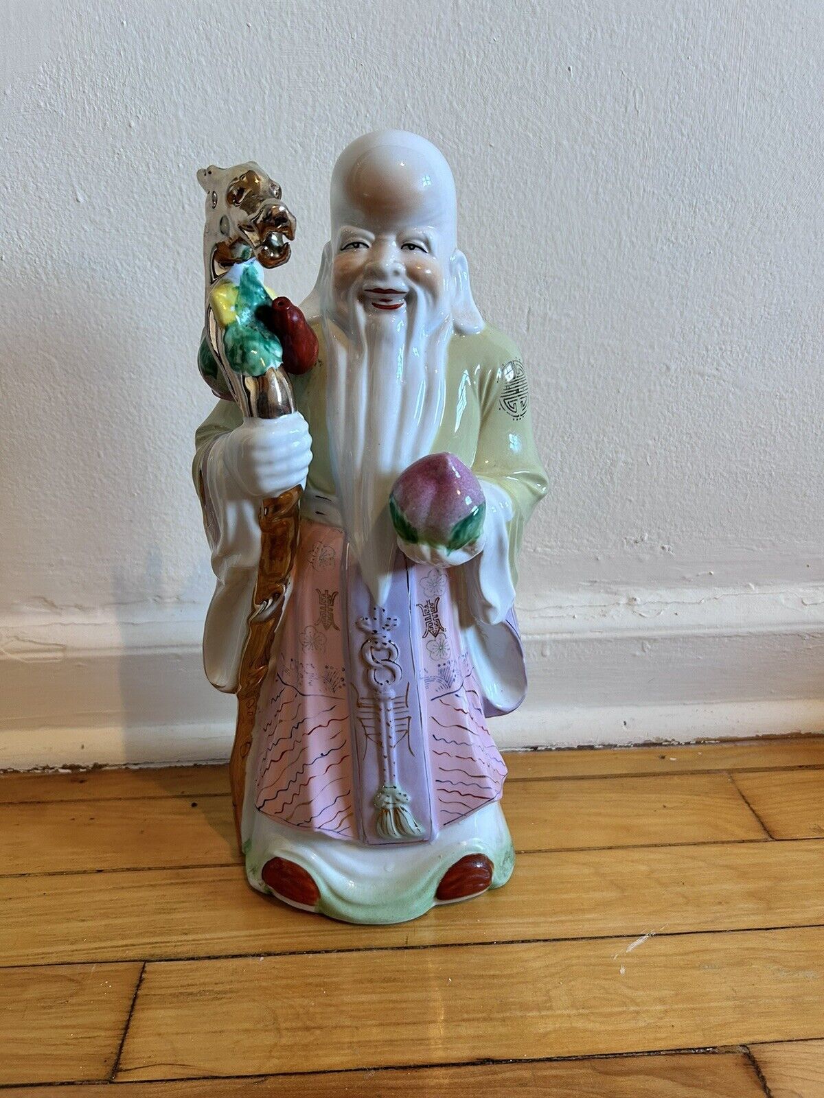 Vintage Chinese 14.5” Porcelain Figurine God Of Longevity Deity Shouxing Peach