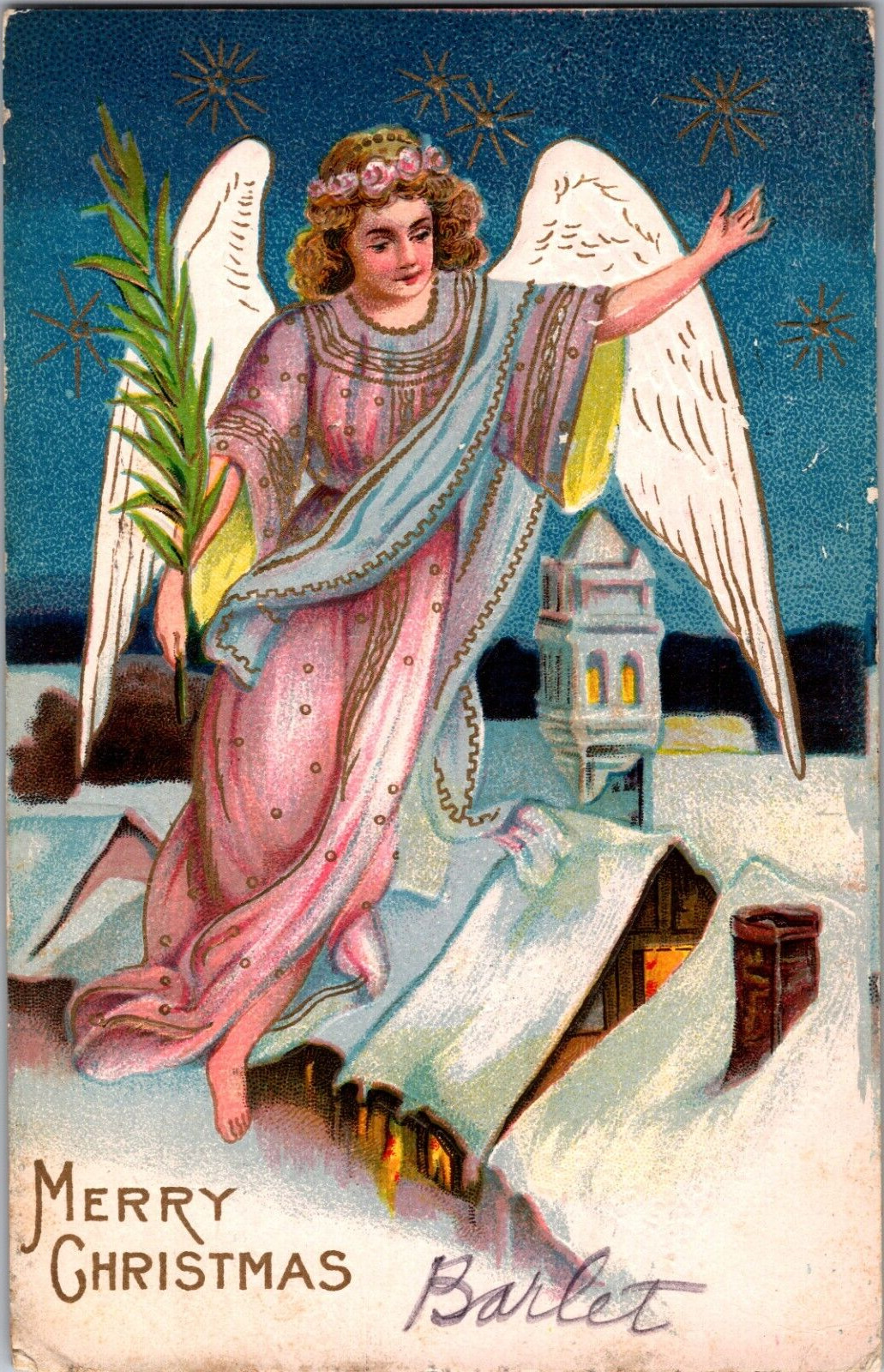Antique Christmas Postcard c1909 Embossed Angel Snowy Scene Church