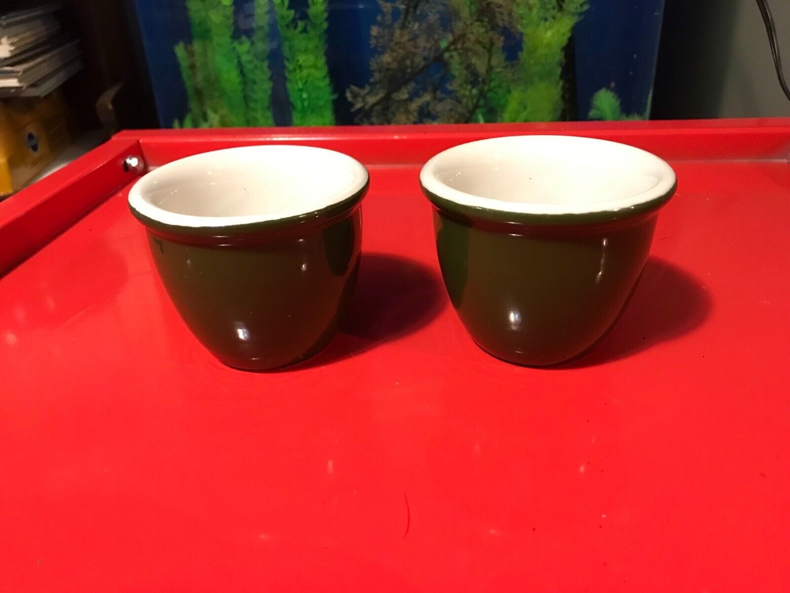 Vintage HALL Green Custard Egg Dessert Ramekin Cups Ceramic #352 - Set of 2