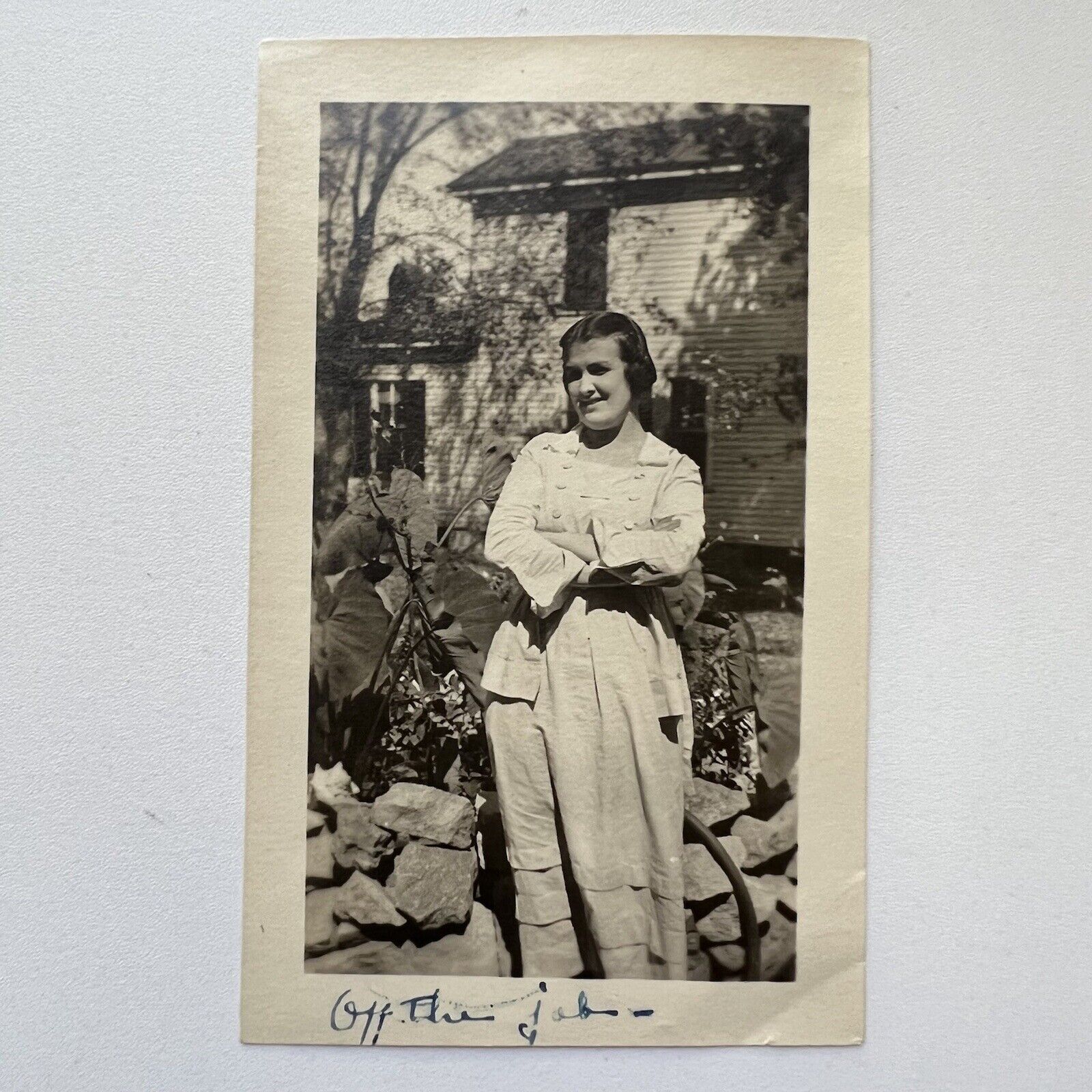 Antique B&W Snapshot Photograph Beautiful Young Women “Off The Job” Inscription