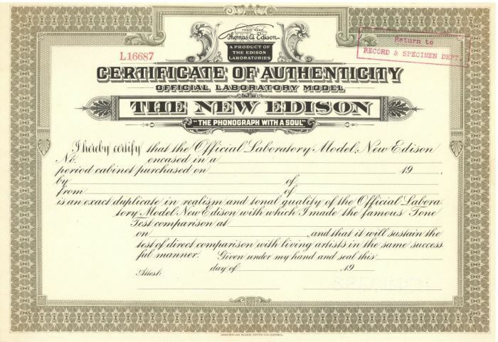 The New Edison - Certificate of Authenticity - Phonograph Stocks & Bonds