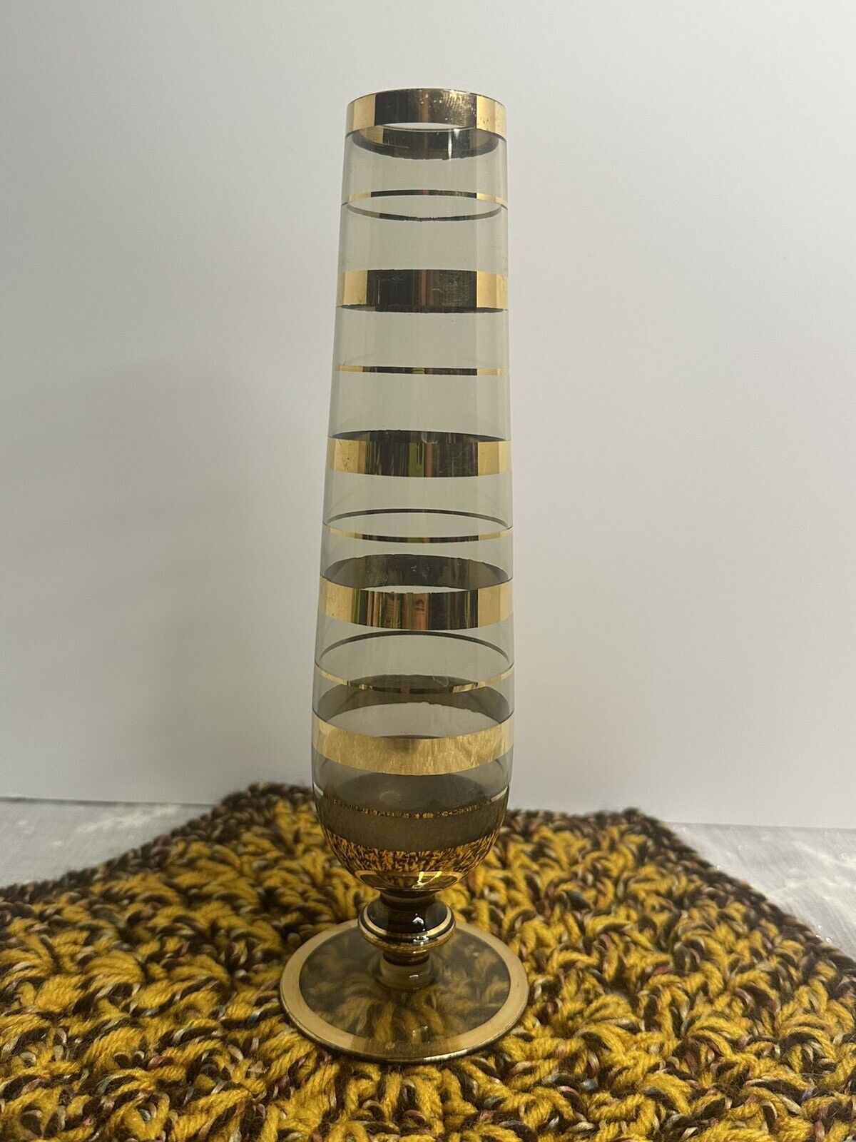 Vintage Borske Sklo Gold Banded  Glass Footed Bud Vase Mid Century